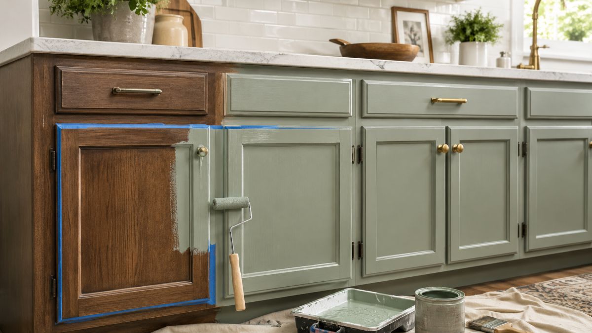 Meuble de cuisine en cours de rénovation, porte démontée posée à plat et peinte au rouleau
