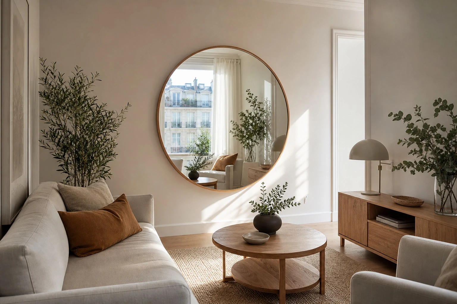 grand miroir face à une fenêtre dans un petit séjour clair pour agrandir l'espace