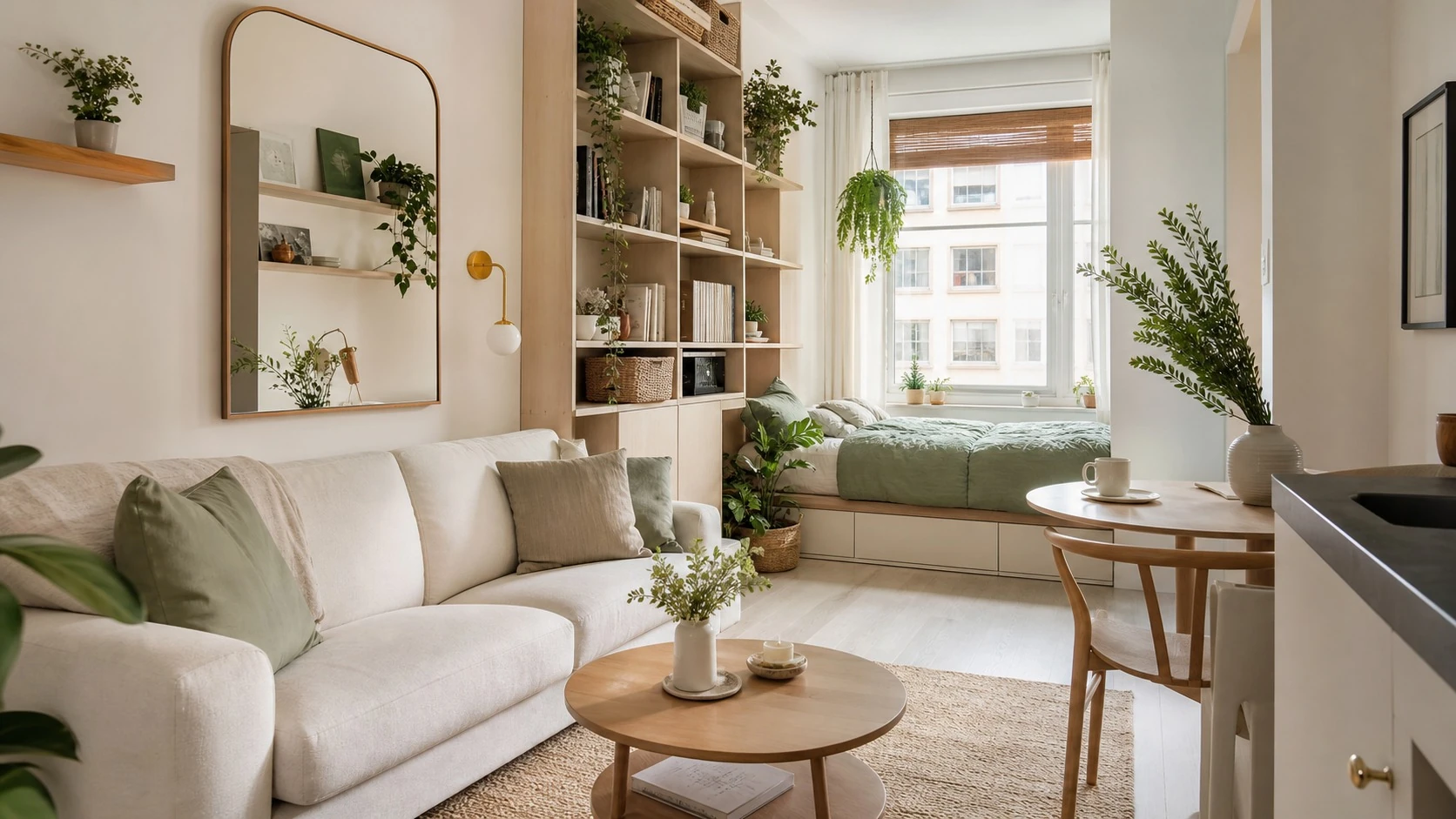 petit studio lumineux bien aménagé avec rangements en hauteur et couleurs claires