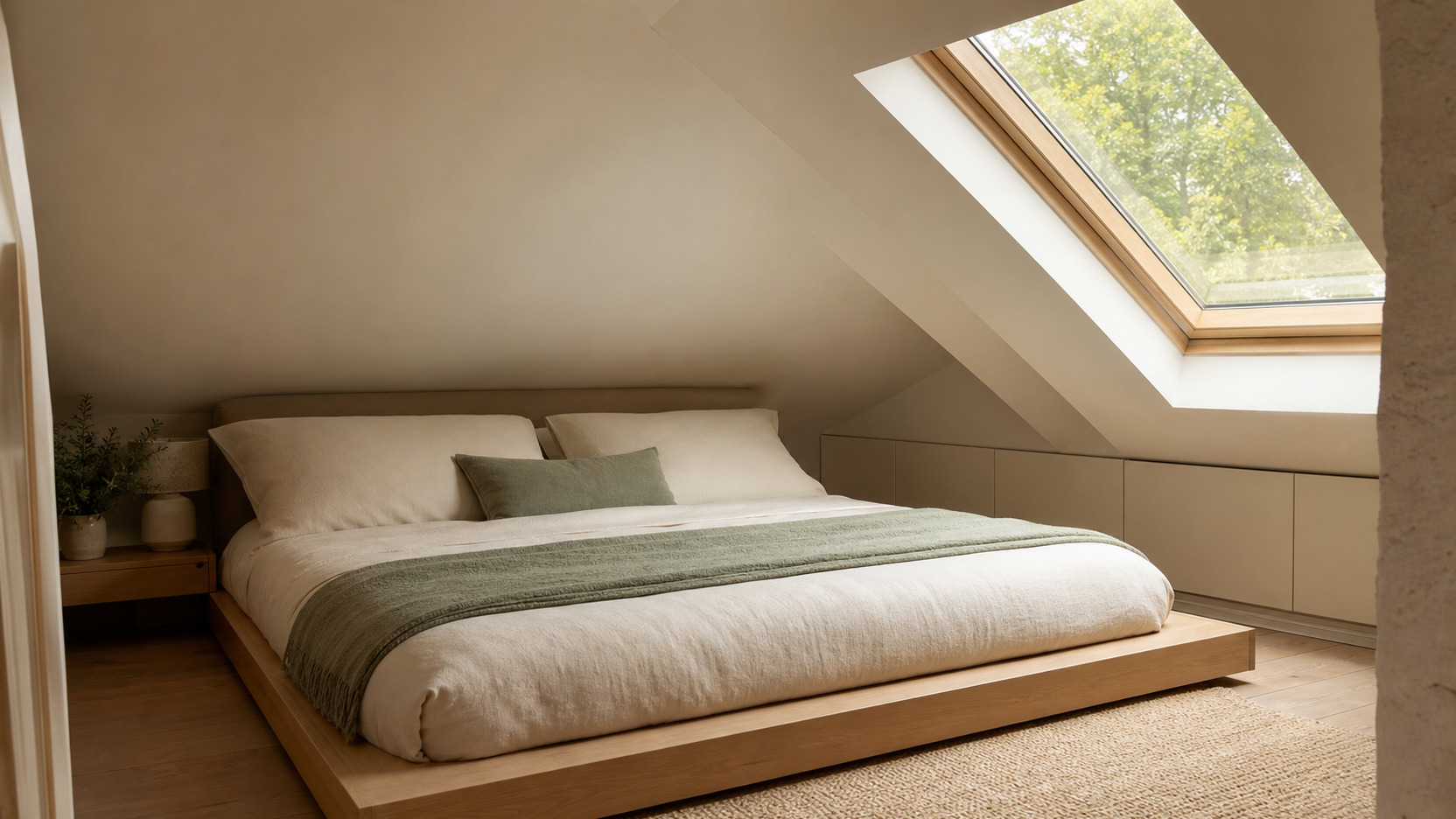 lit placé sous la pente dans une chambre sous comble très bas