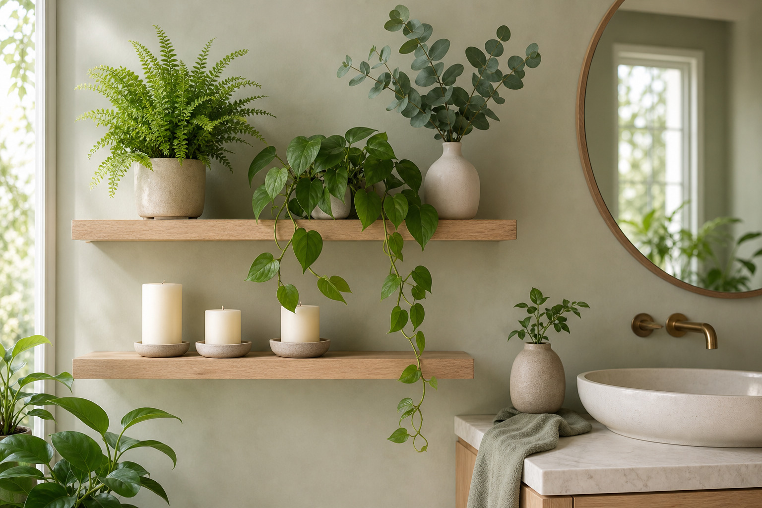 décoration murale végétale dans une salle de bain avec plantes et étagères