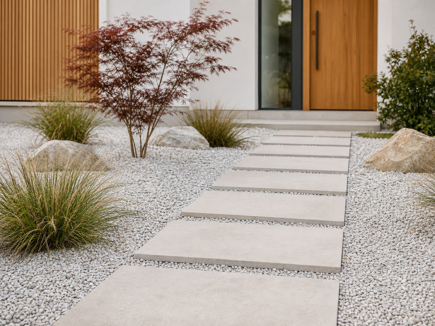 devant de maison minéral avec gravier, pas japonais et graminées