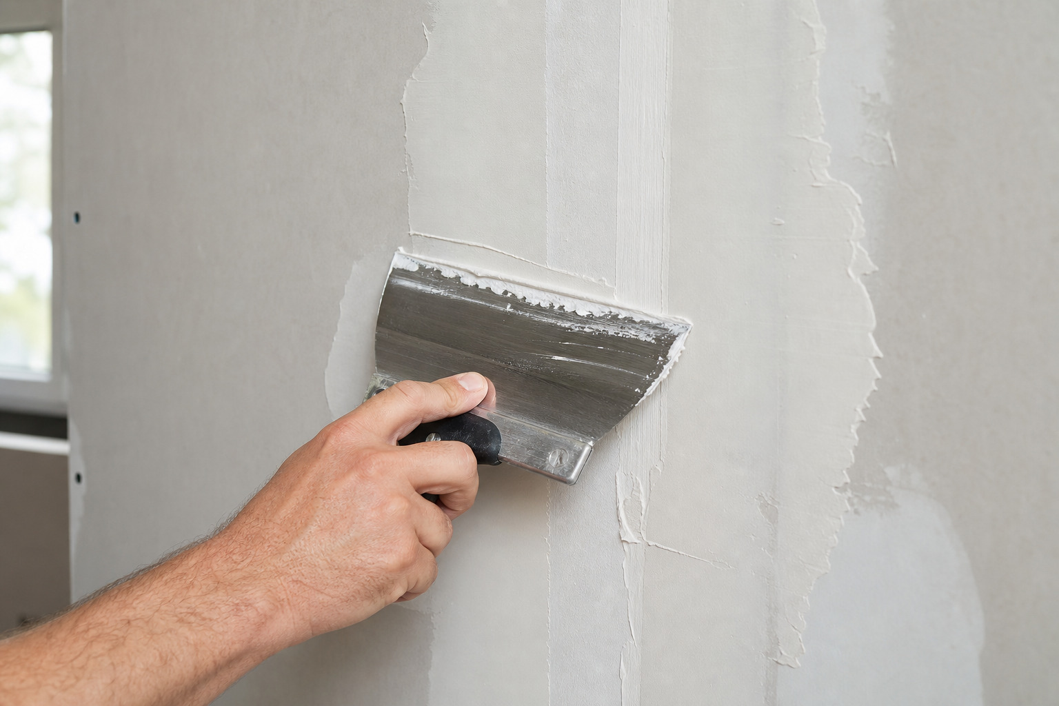 application de l'enduit au couteau large sur un joint de placo