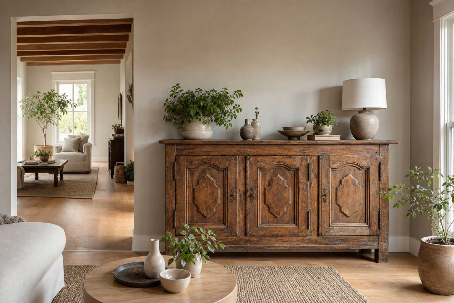 buffet ancien en bois intégré dans un salon clair et contemporain