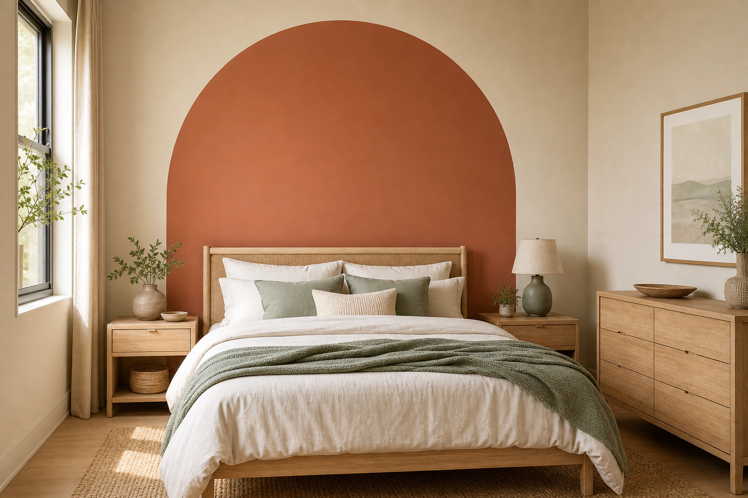 chambre avec une arche peinte au scotch derrière le lit