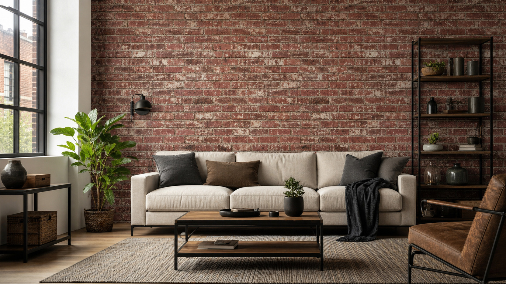 salon industriel avec un mur en papier peint effet brique