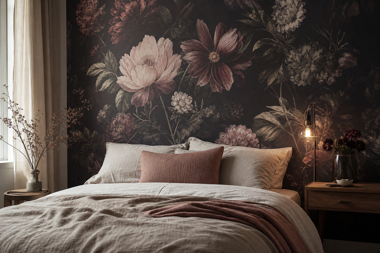 papier peint floral dans une chambre adulte cocooning