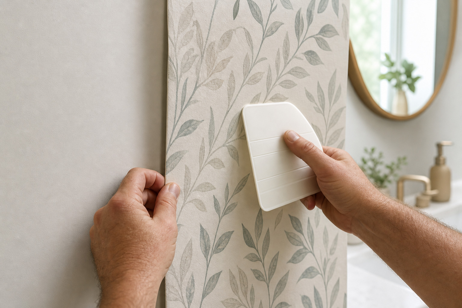 pose de papier peint vinyle sur un mur de salle de bain