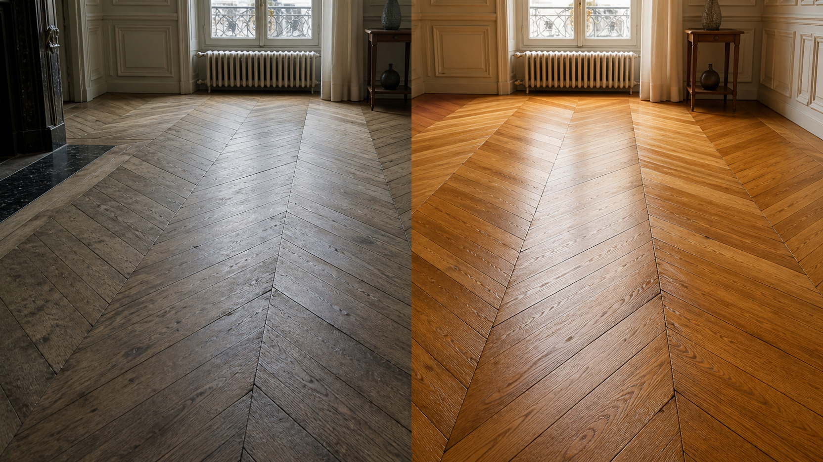 vieux parquet ravivé et lustré, avant et après entretien naturel