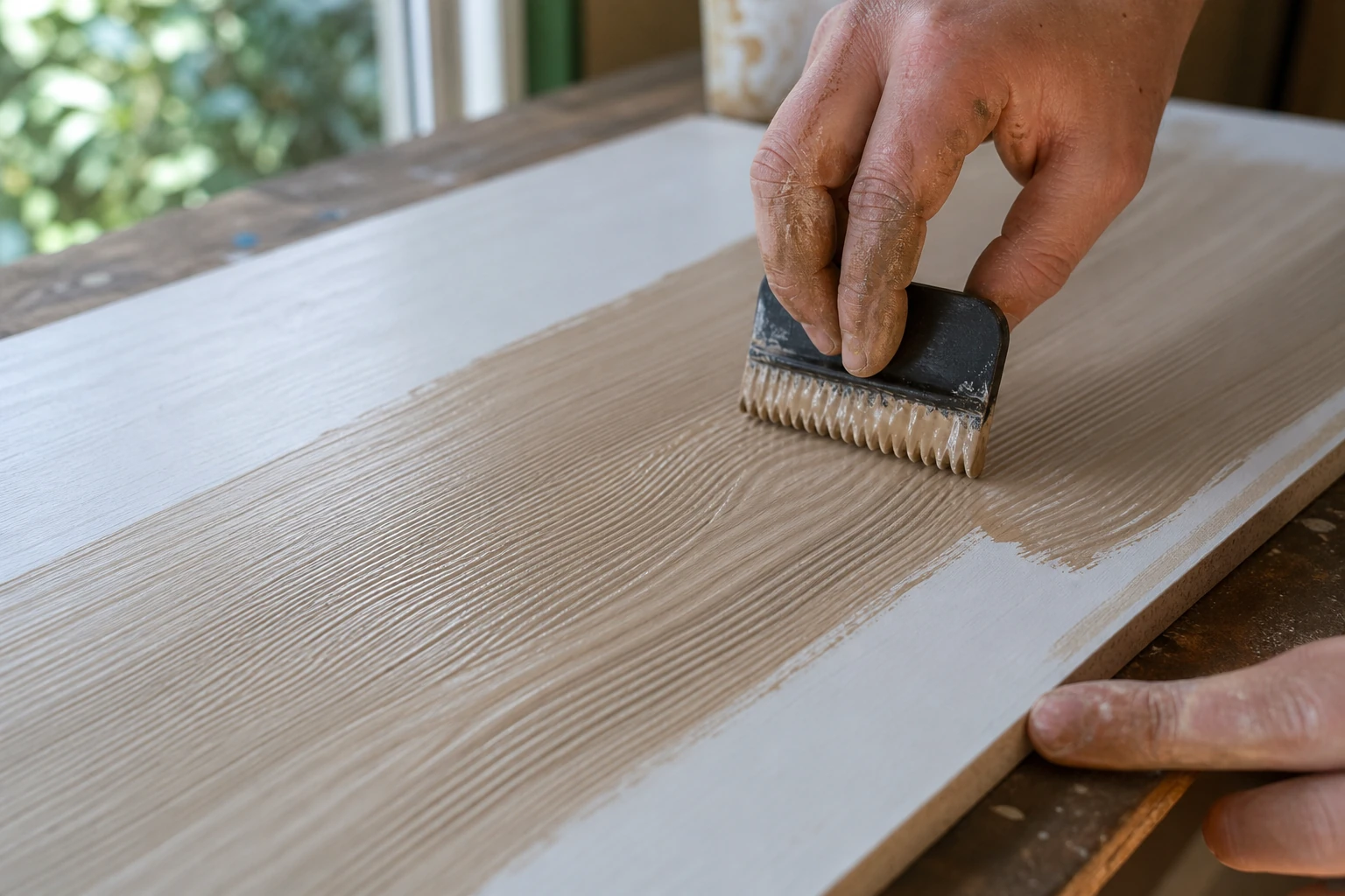 technique effet bois sur un meuble en mélaminé avec un peigne à veiner