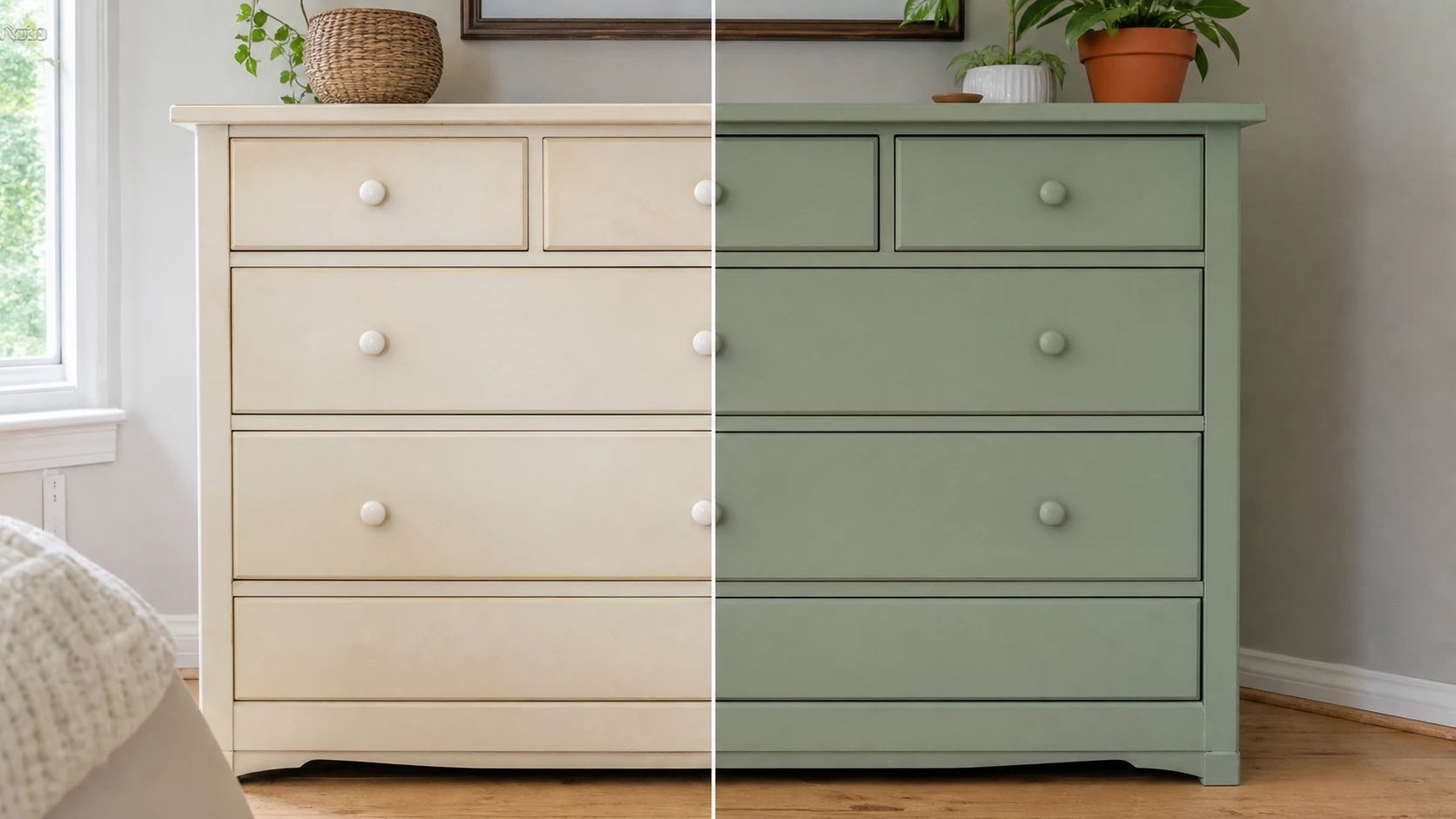 meuble en mélaminé blanc repeint en vert sauge, avant après