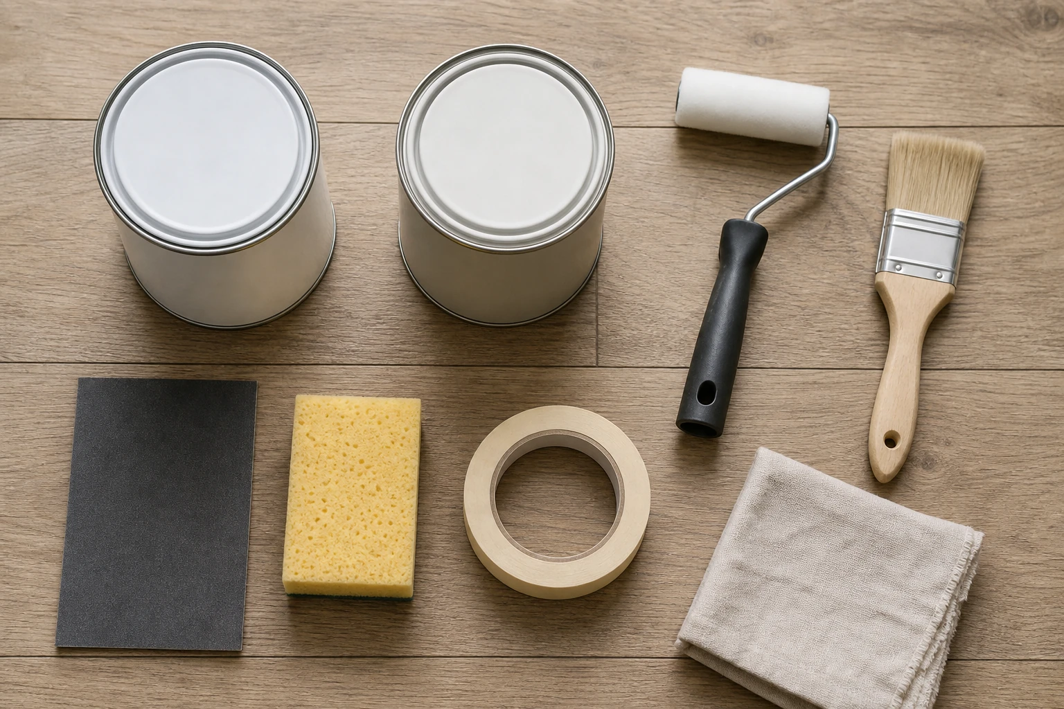 matériel pour peindre un meuble en mélaminé : sous-couche, peinture, rouleau laqueur, ponçage