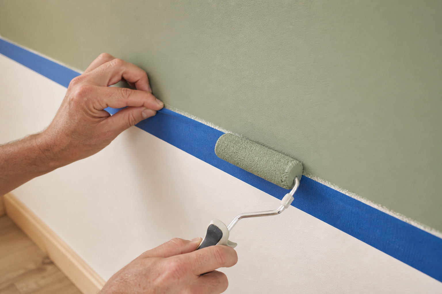 application du ruban de masquage et de la peinture sur un mur pour un motif net