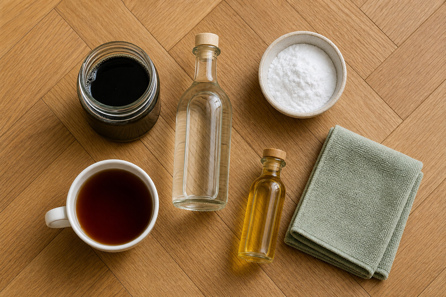 savon noir, vinaigre blanc, bicarbonate et huile de lin pour nettoyer un parquet