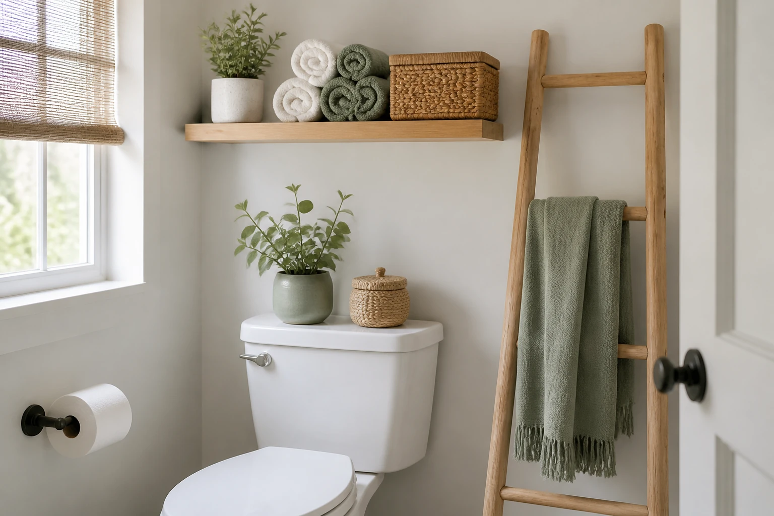 étagère et échelle de rangement au-dessus des WC dans une petite salle de bain