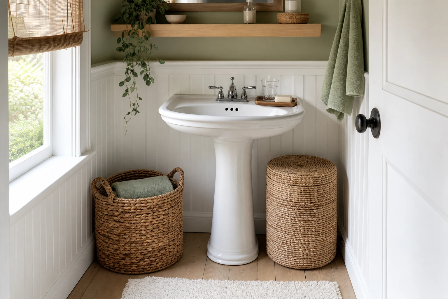 paniers rangés sous un lavabo et plateau organisateur sur le rebord
