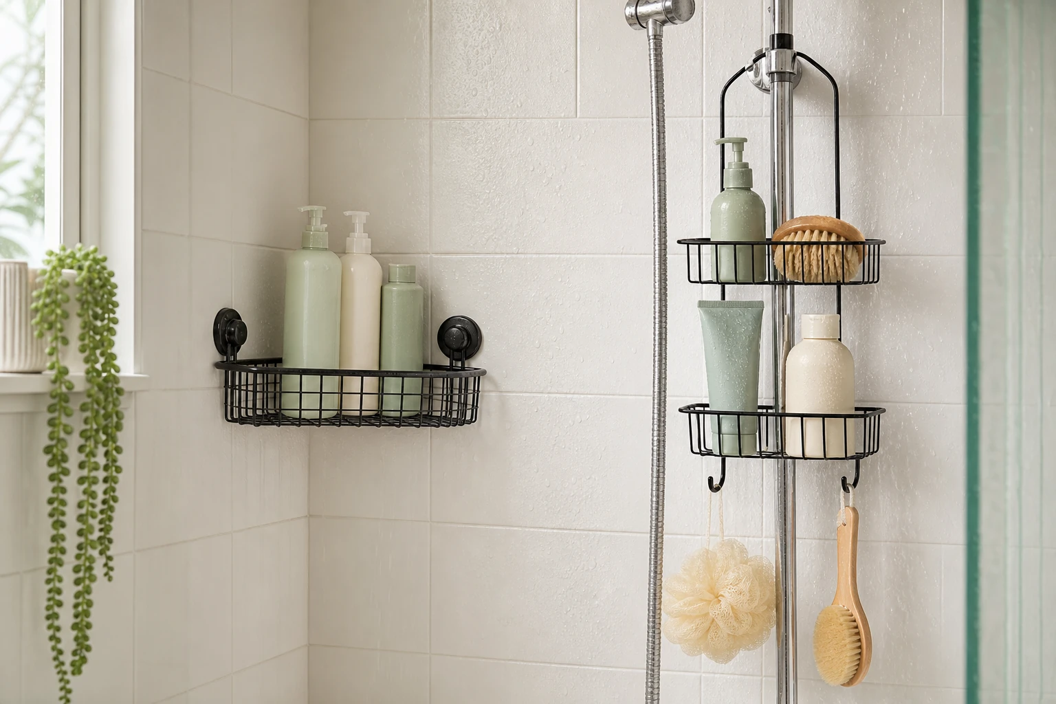 panier d'angle et caddy suspendu dans une douche pour ranger les produits