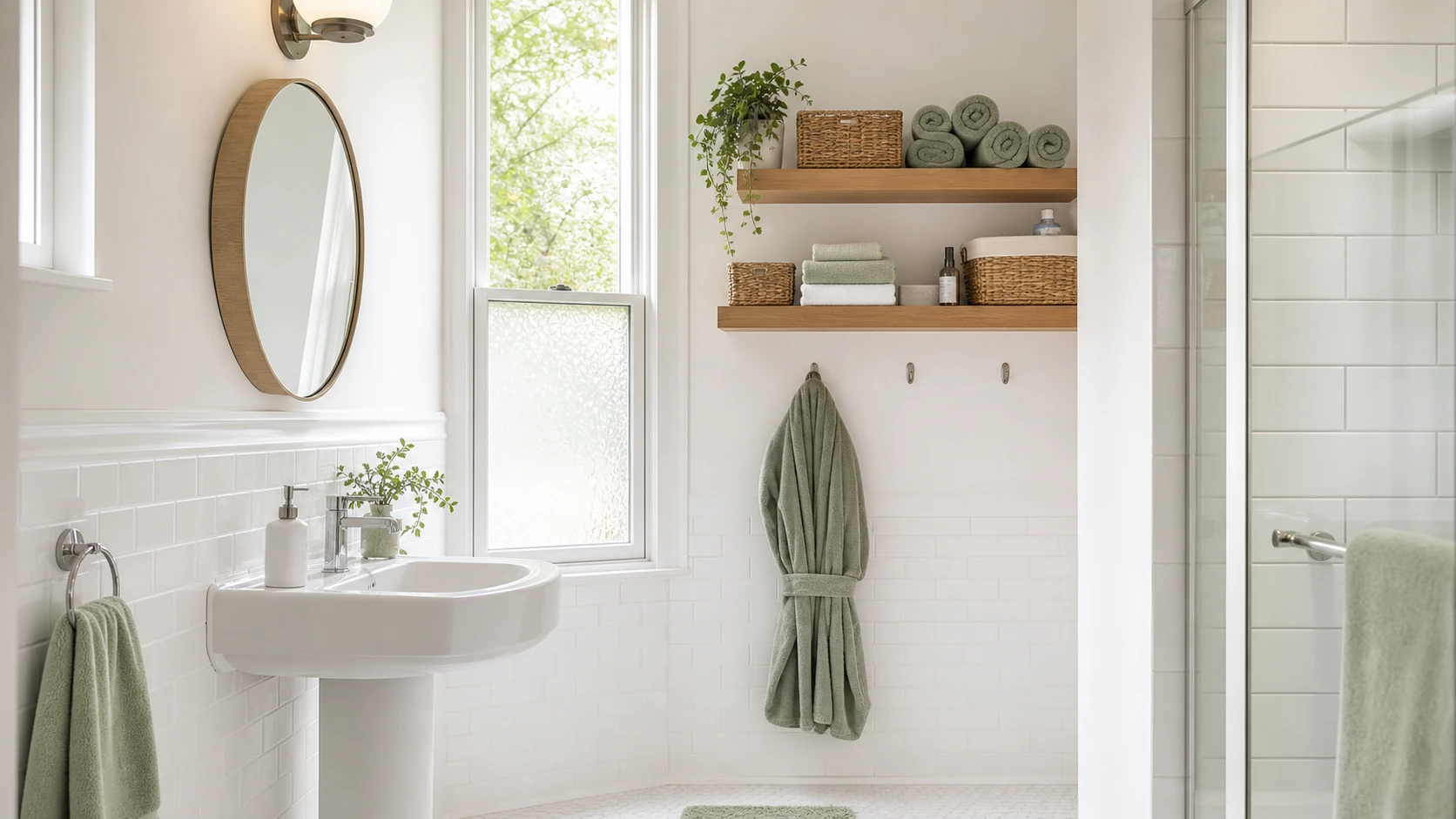 petite salle de bain rangée sans meuble avec étagères murales et paniers