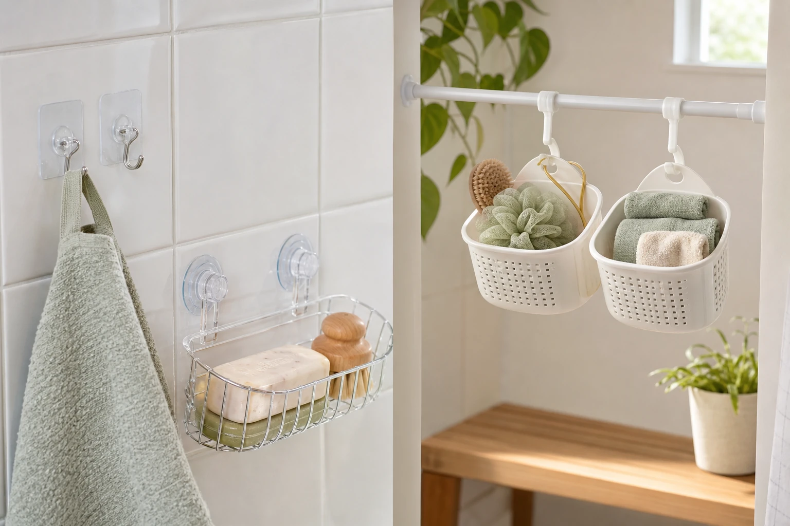 crochets adhésifs et barre de tension pour ranger une salle de bain sans percer