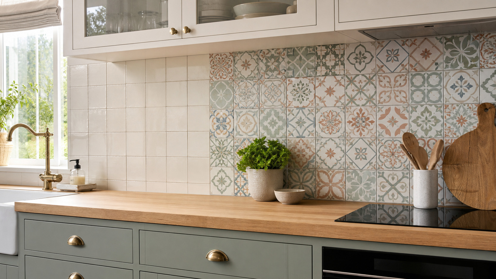 crédence de cuisine relookée avec des stickers carreaux de ciment