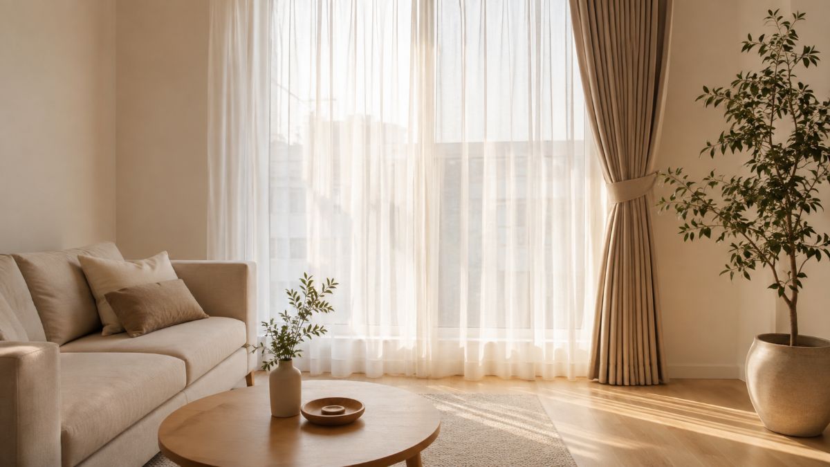 Rideaux sur mesure : allier lumière, intimité et style Rideaux sur mesure superposés dans un salon lumineux