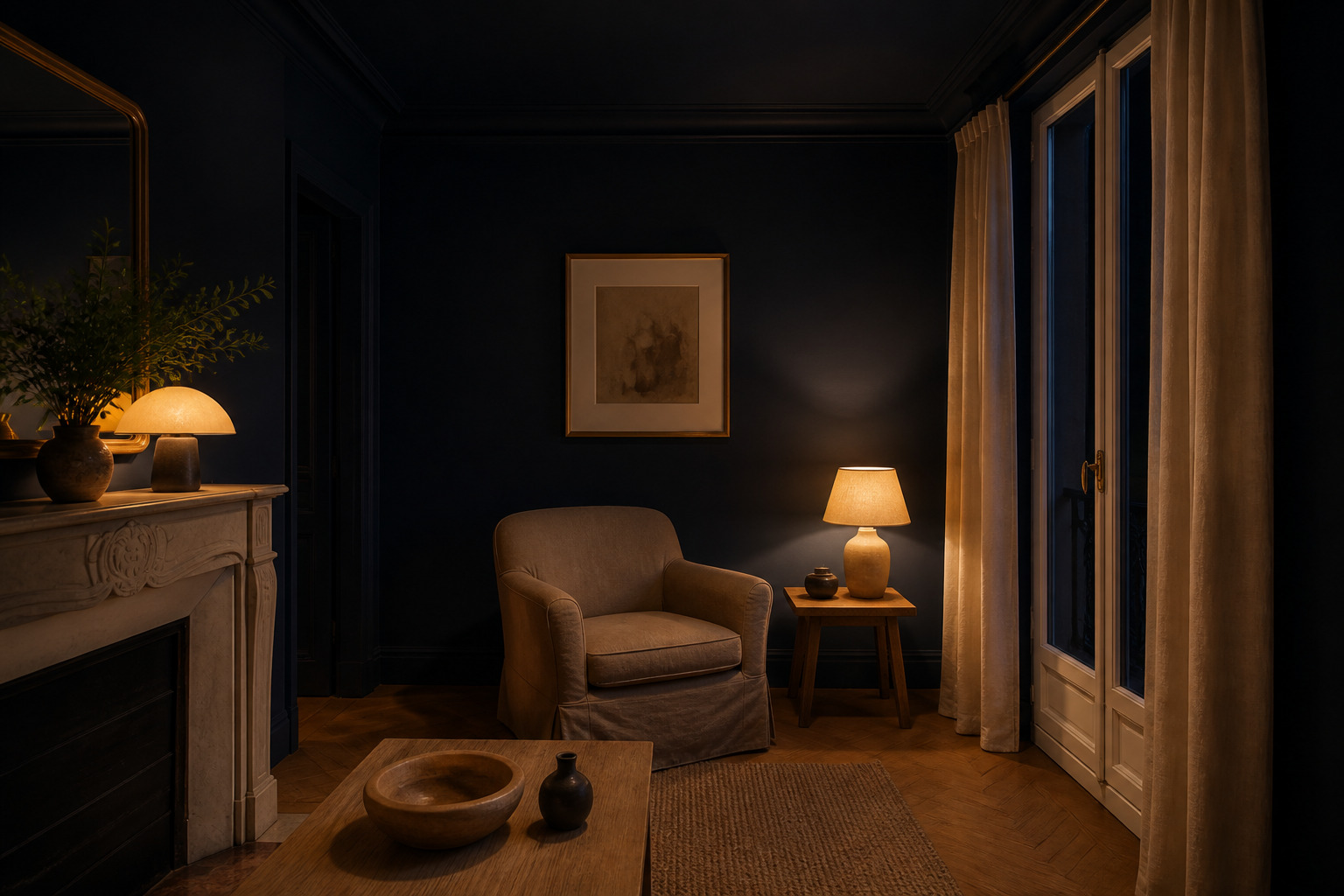 Petite piece peinte en bleu nuit profond, effet cocon