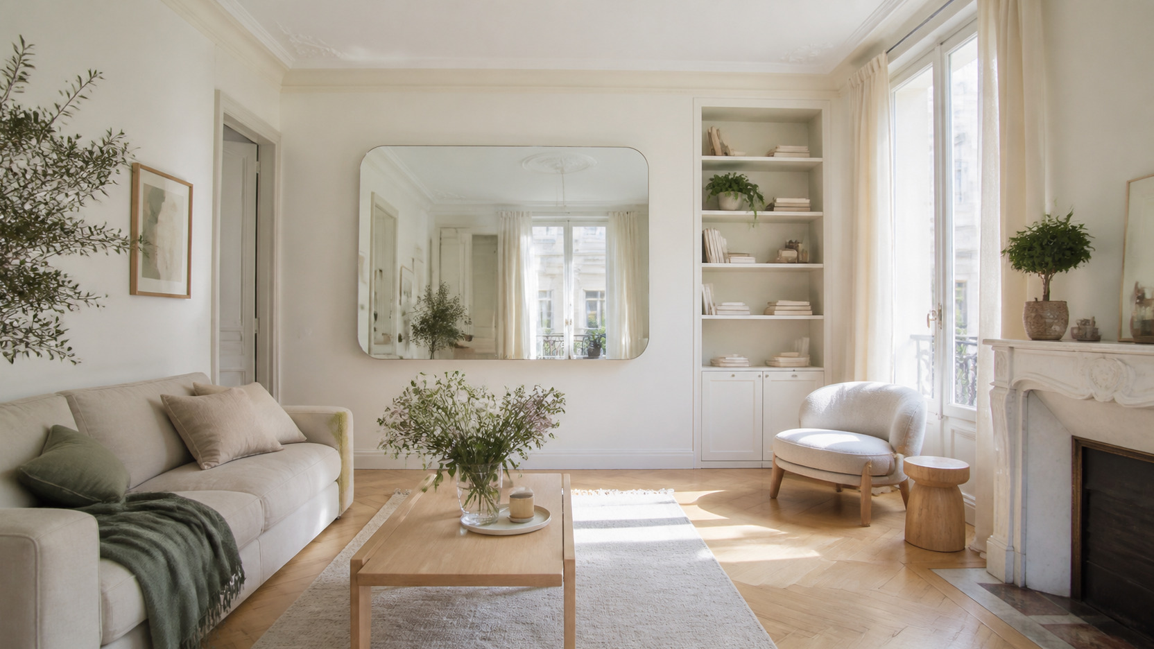 Petit salon lumineux aux murs blanc casse, grand miroir et parquet clair