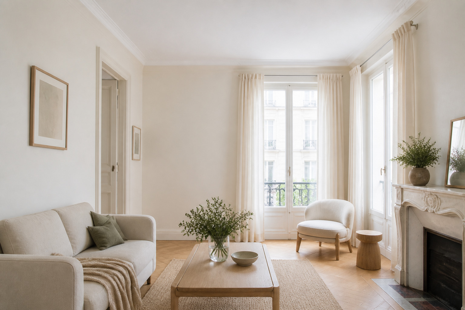 Piece aux murs clairs et plafond blanc, plinthes ton sur ton