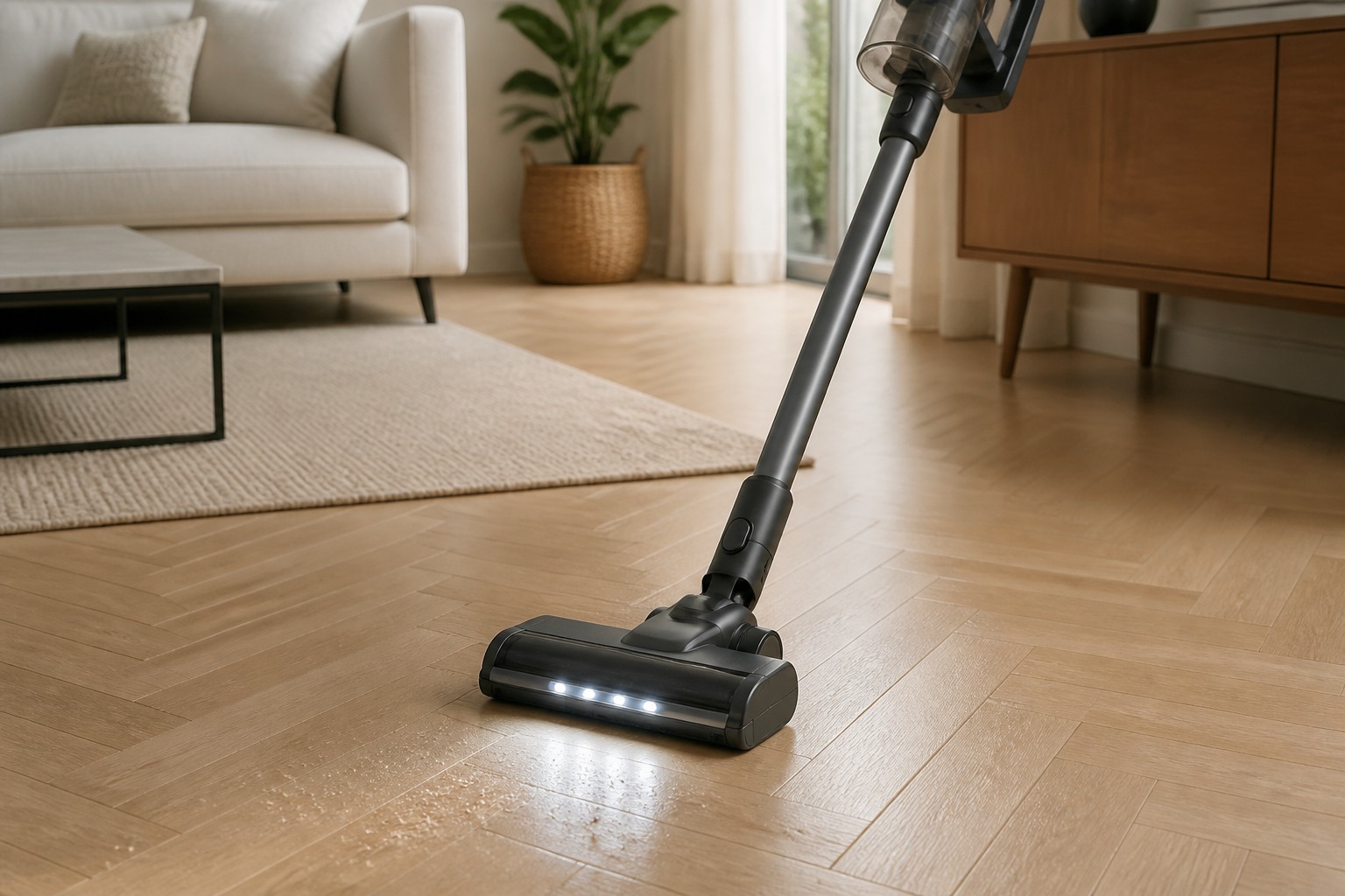 Comment choisir un aspirateur balai : les critères qui comptent vraiment Aspirateur balai en action sur un parquet clair