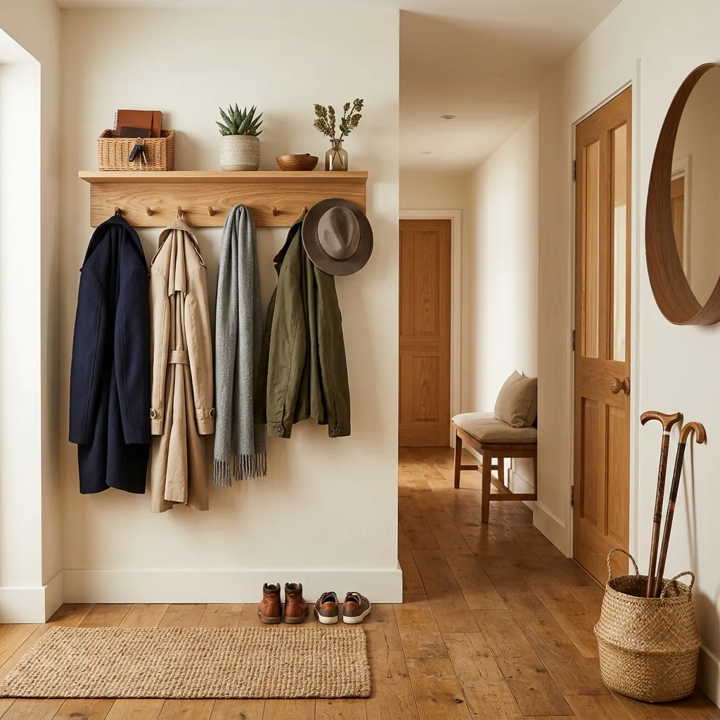 Entrée chaleureuse avec un porte-manteau mural en bois et son étagère