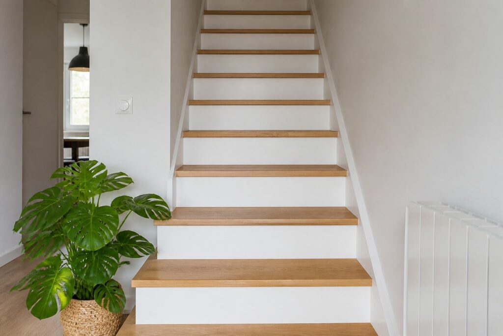 Repeindre un escalier en bois sans poncer : ça tient ? Escalier aux contremarches peintes en blanc et marches en bois naturel conservé