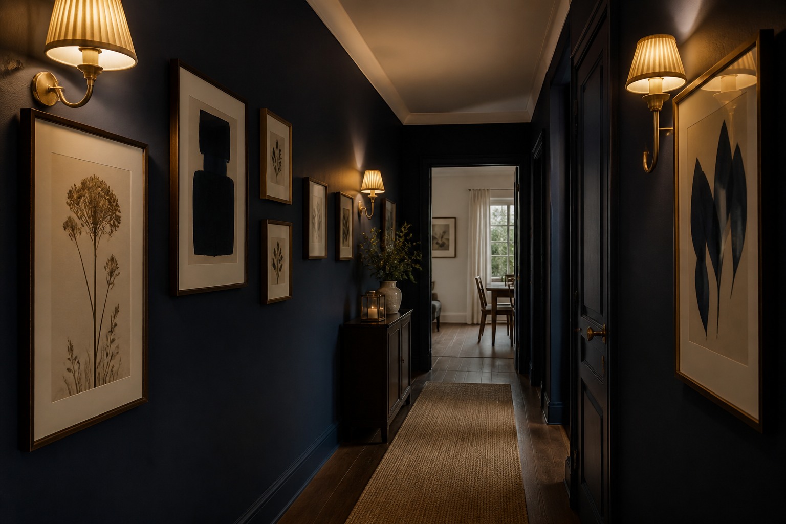 Quelle couleur pour un couloir sombre : ce qui marche vraiment Couloir peint en bleu marine profond avec eclairage chaud