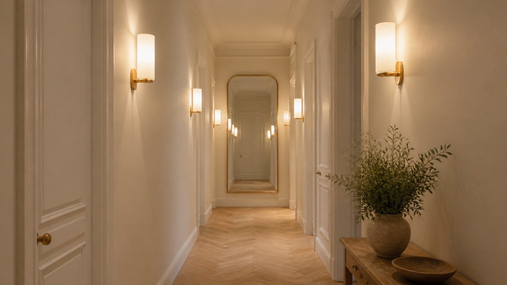 Quelle couleur pour un couloir sombre : ce qui marche vraiment Couloir sans fenetre peint en blanc casse chaud avec appliques et miroir