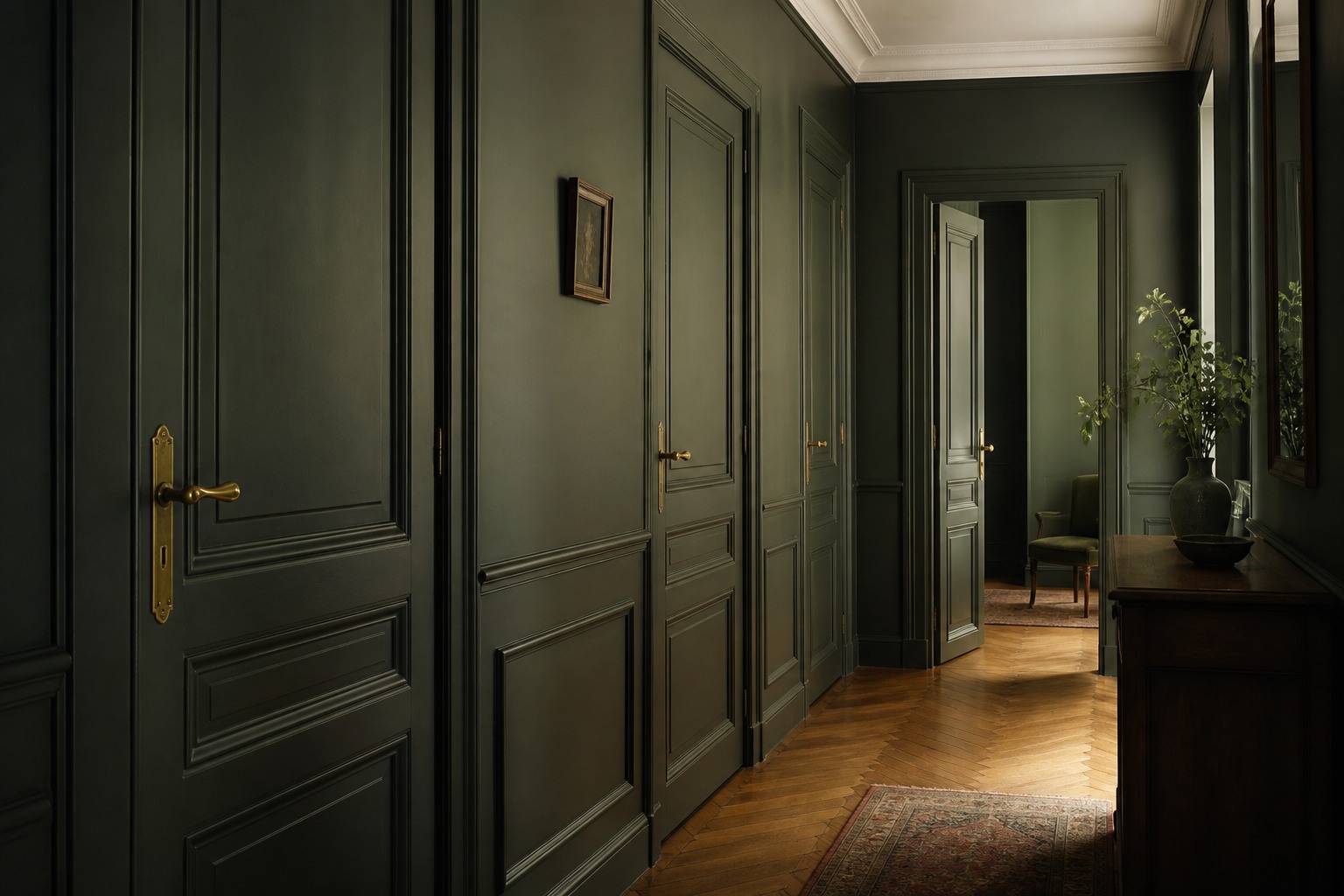 Quelle couleur pour un couloir sombre : ce qui marche vraiment Couloir aux portes peintes de la meme couleur que les murs, vert profond