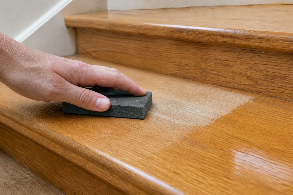 Repeindre un escalier en bois sans poncer : ça tient ? Égrenage d'une marche d'escalier à l'éponge abrasive avant de repeindre sans poncer