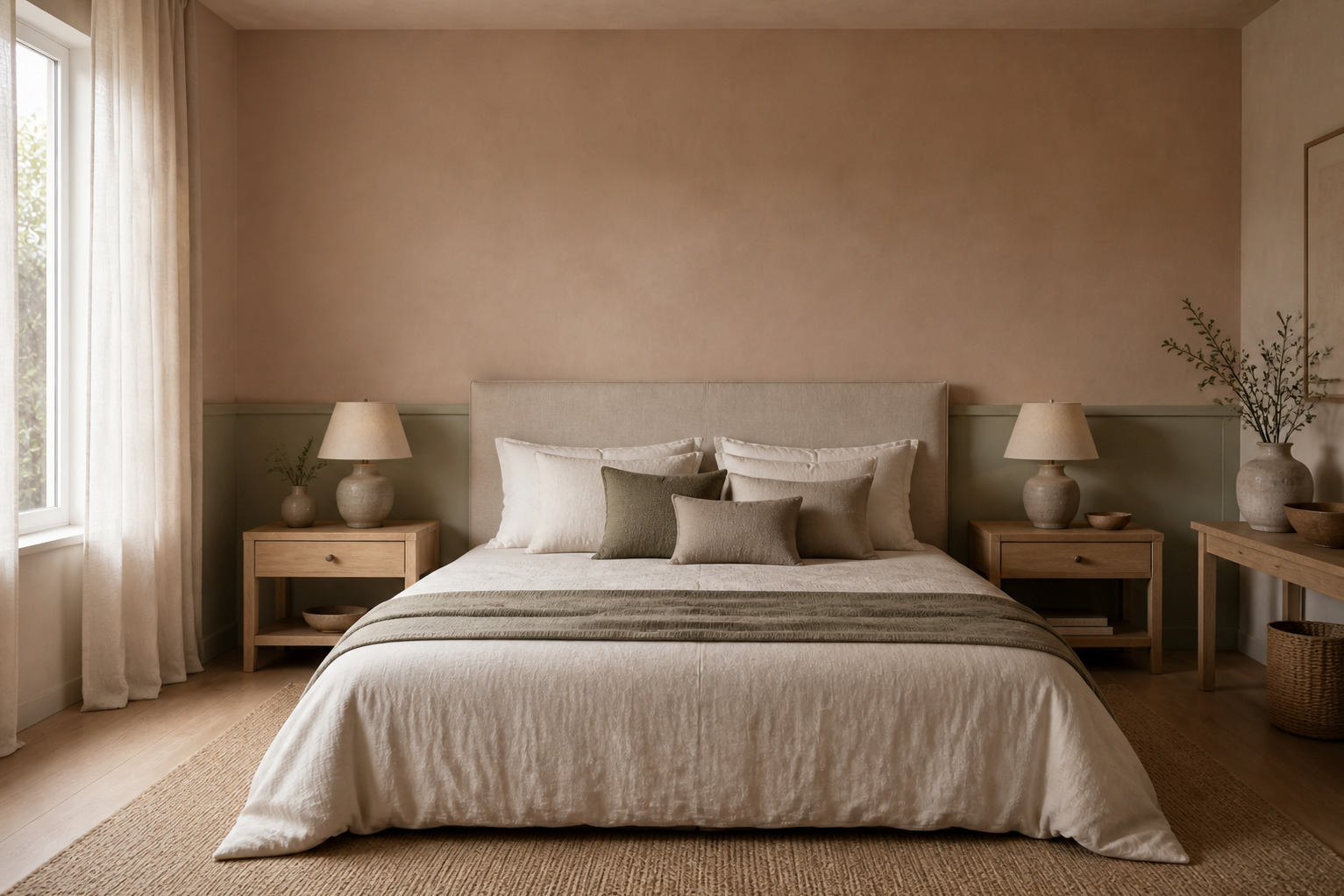 Chambre aux teintes douces beige rose et vert tendre, matieres naturelles