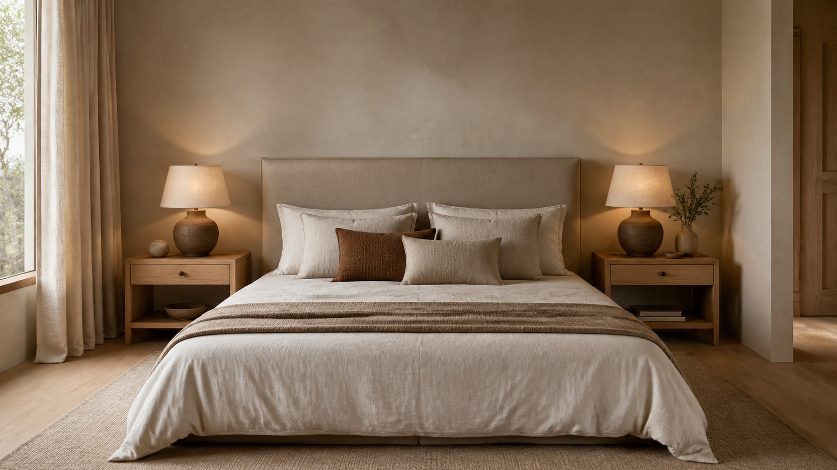 Chambre feng shui apaisante aux tons beige et terre, lit contre un mur, chevets symetriques