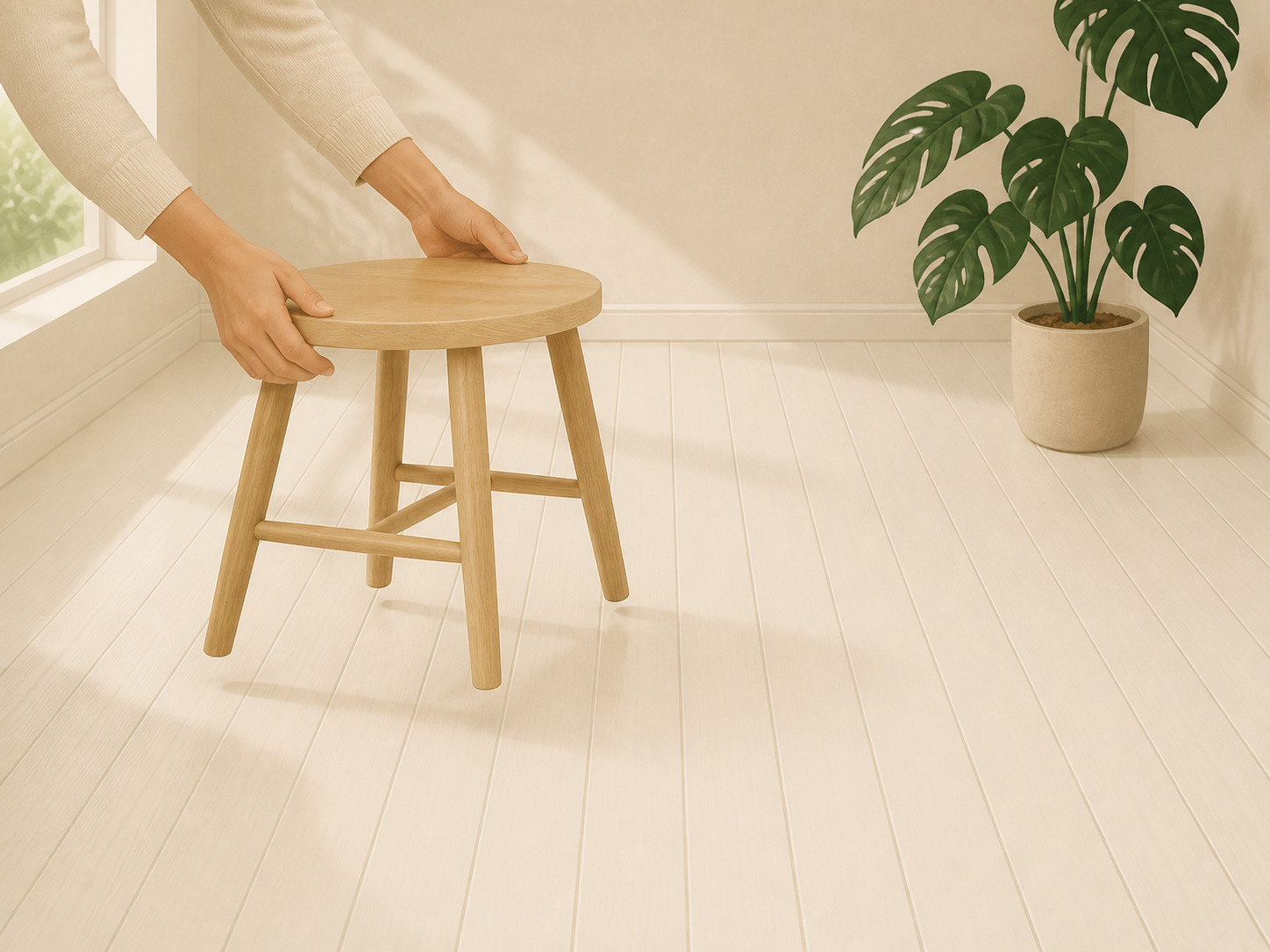 Parquet peint terminé et sec dans une pièce lumineuse
