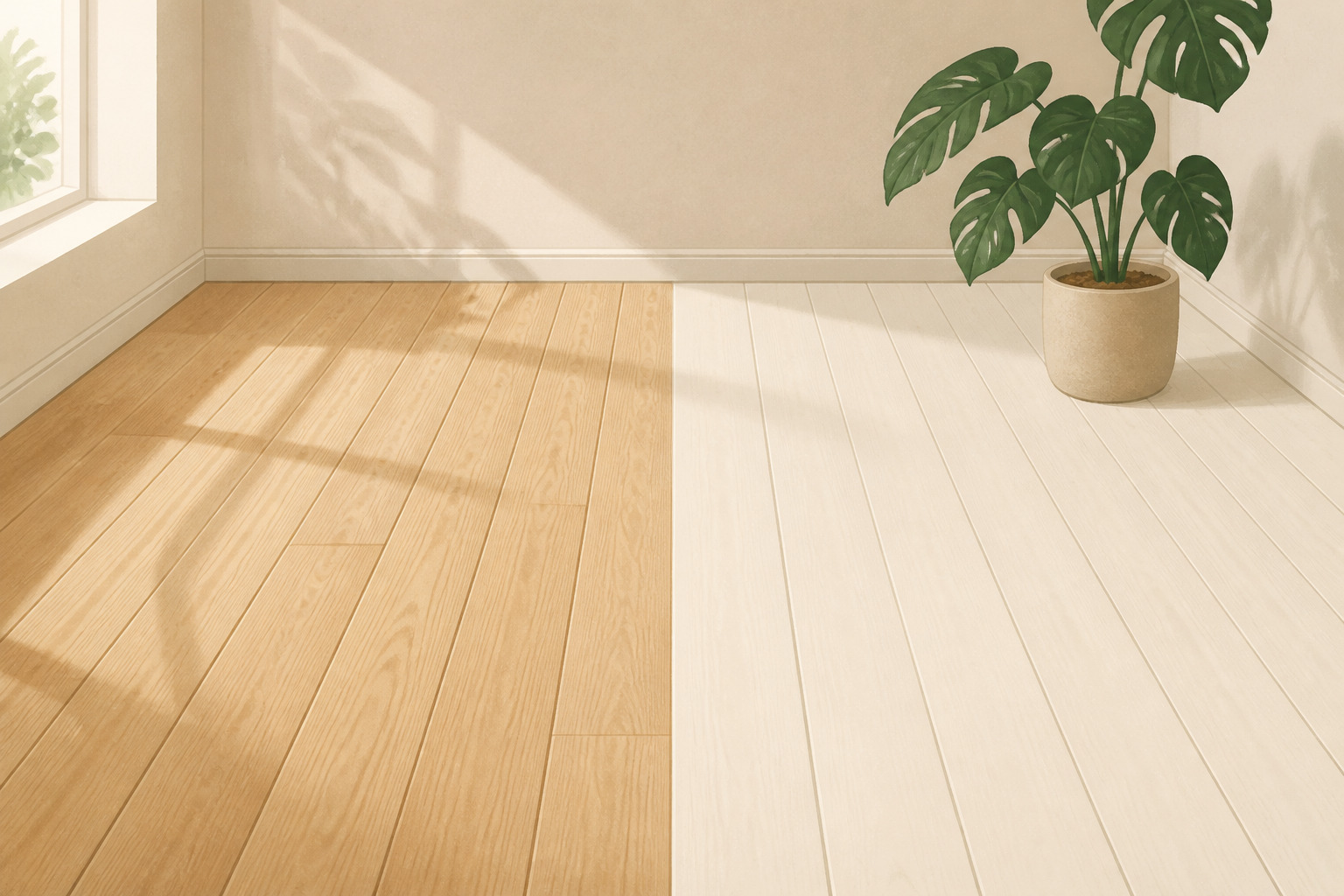Parquet en bois clair à moitié peint, illustration avant-après d'une rénovation