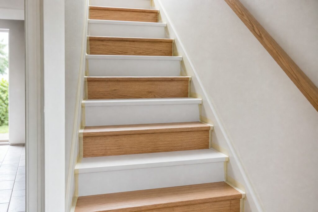 Repeindre un escalier en bois sans poncer : ça tient ? Escalier peint une marche sur deux pour rester praticable pendant le séchage