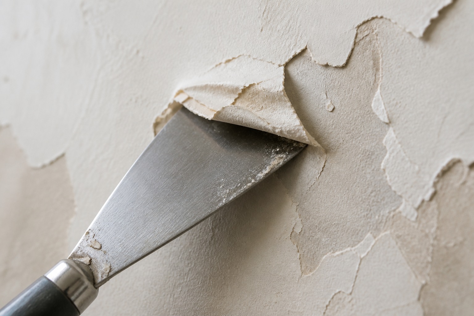 Peinture qui s'écaille : comprendre pourquoi et bien la rattraper Couteau à enduire grattant la peinture écaillée d'un mur