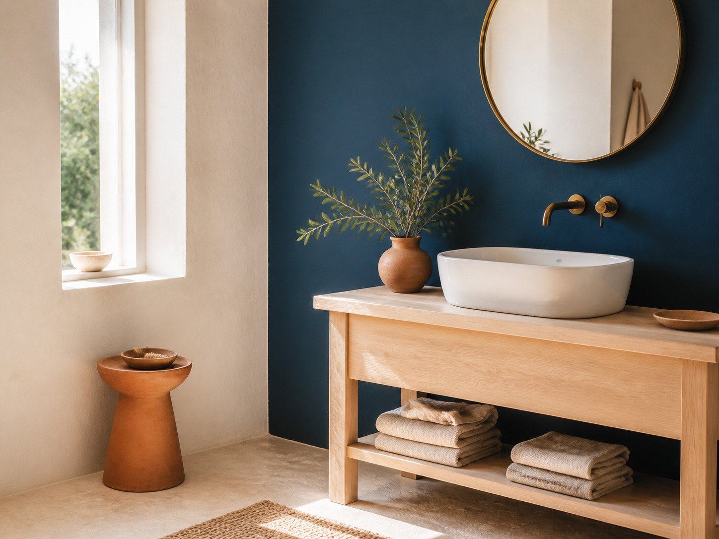 Palette mediterraneenne : blanc casse, bleu profond et terracotta