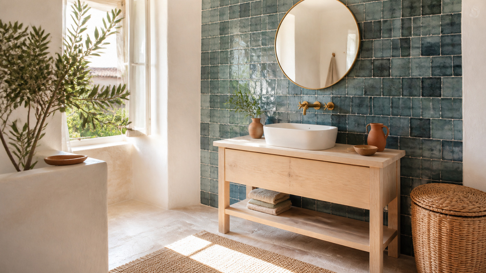 Salle de bain de style mediterraneen lumineuse aux tons bleus et terracotta