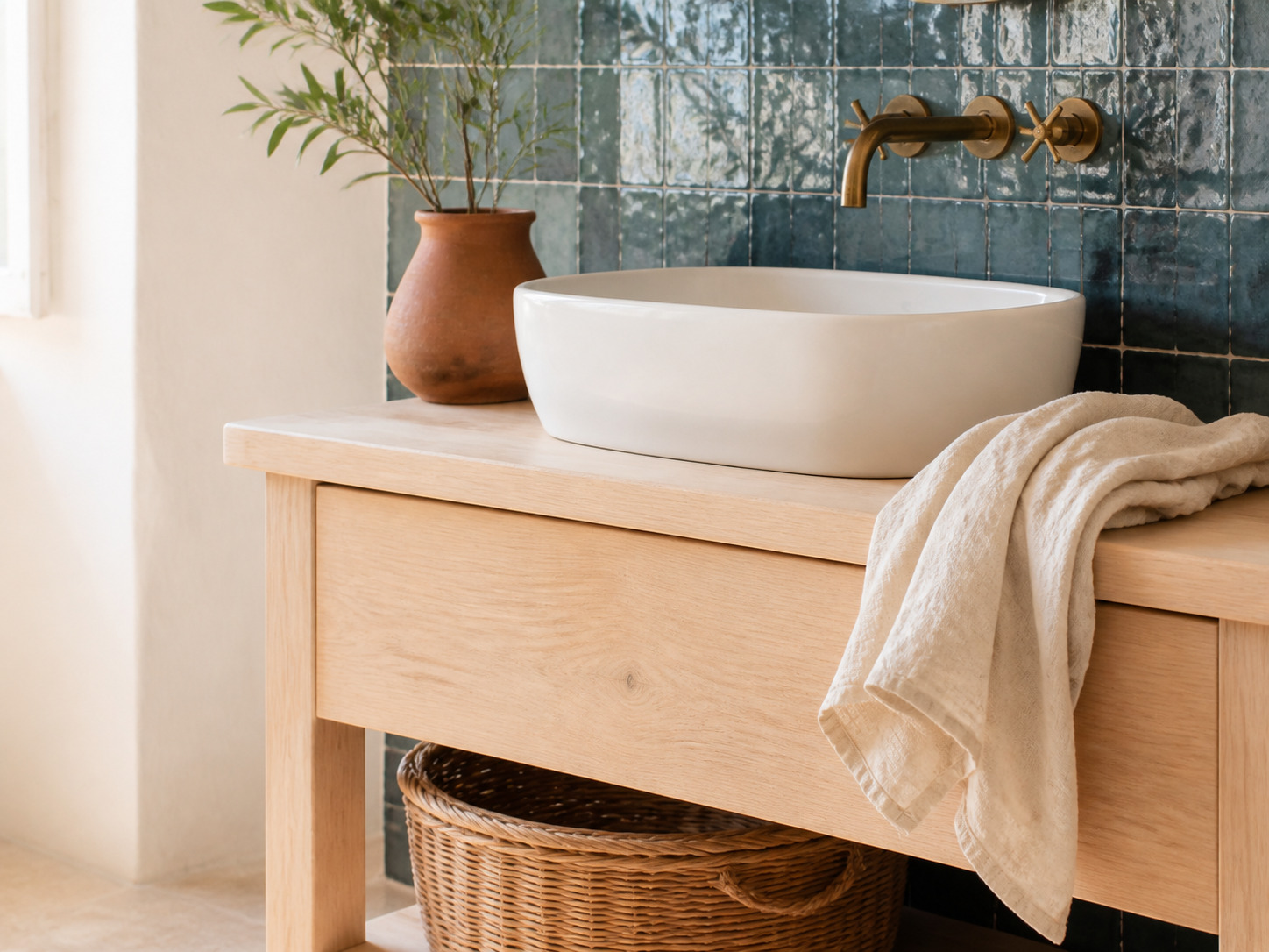 Matieres naturelles et robinetterie laiton, salle de bain mediterraneenne