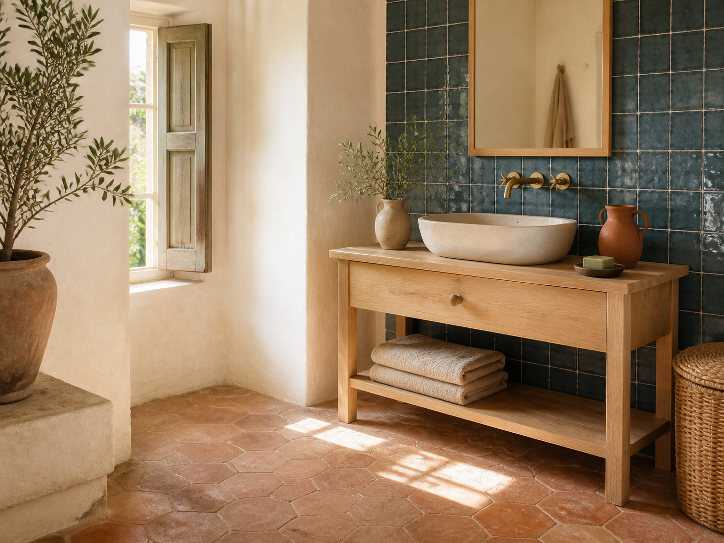 Salle de bain d'esprit provencal : ocre, tomette et bois patine