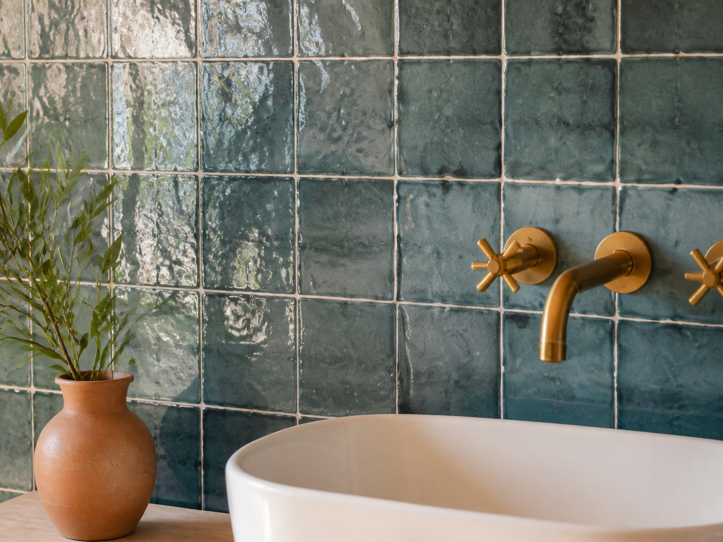 Carrelage zellige bleu dans une salle de bain mediterraneenne
