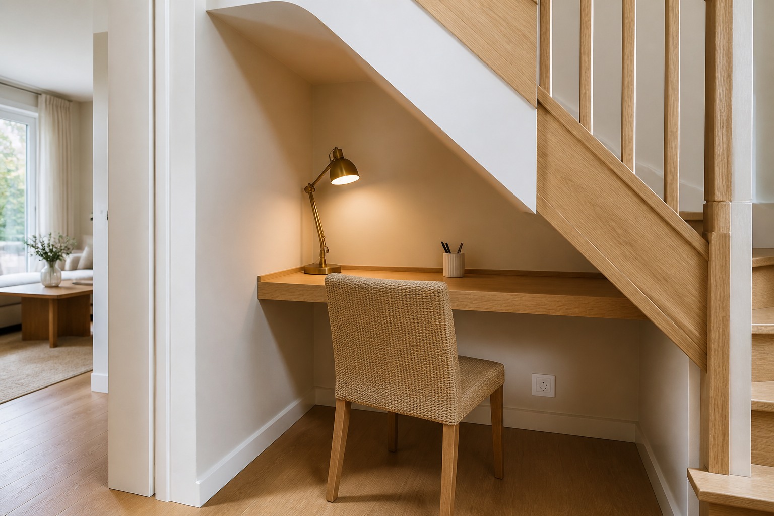 Rangement sous escalier : que faire vraiment de ce trou perdu Coin bureau amenage sous la partie haute d'un escalier avec tablette et lampe