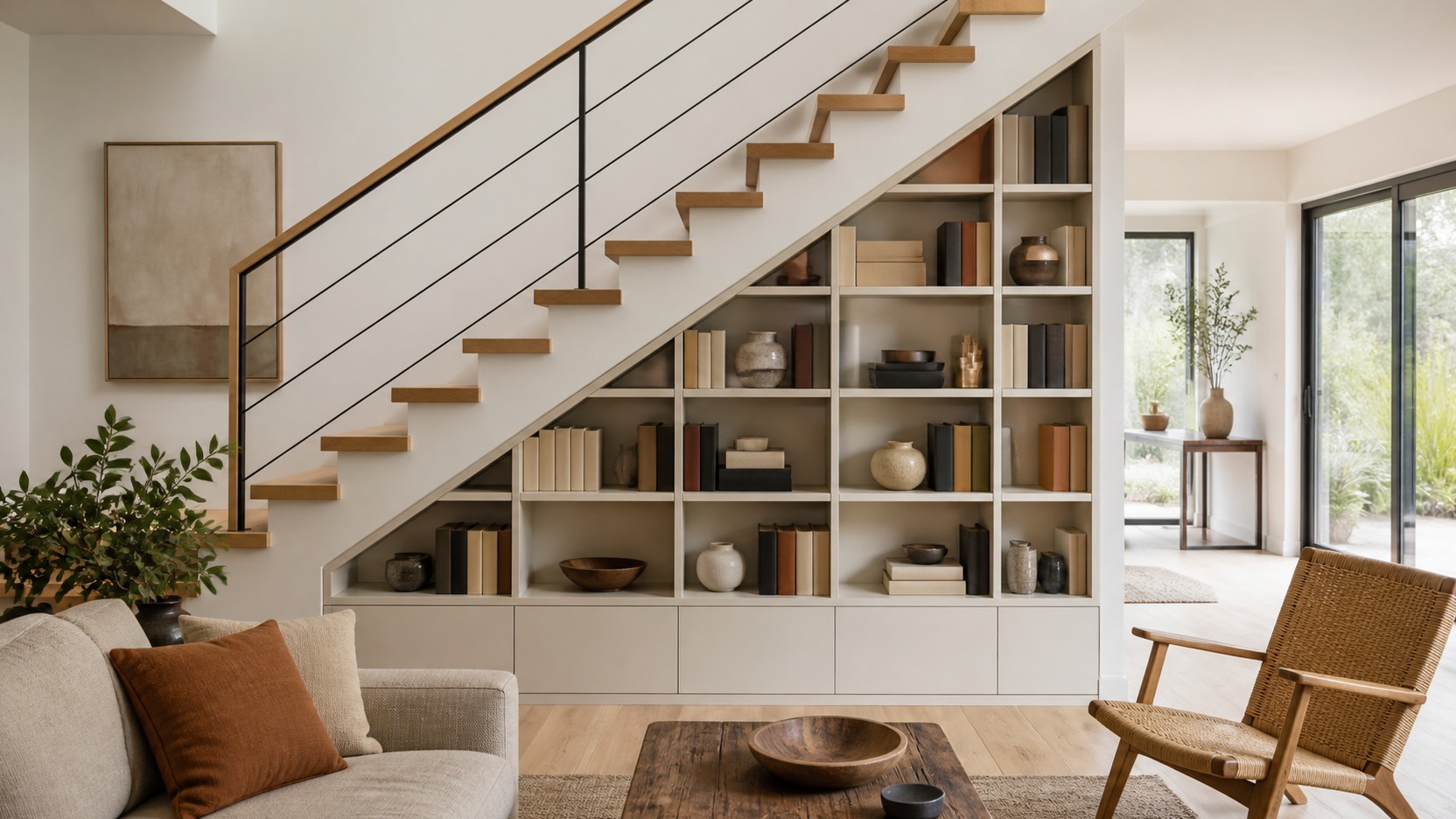 Rangement sous escalier : que faire vraiment de ce trou perdu Bibliotheque sur mesure amenagee sous un escalier ouvert