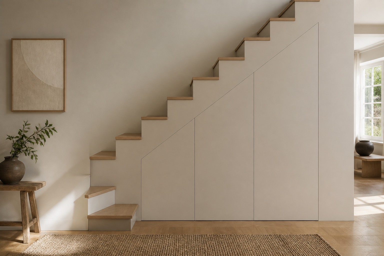 Rangement sous escalier : que faire vraiment de ce trou perdu Placard sous escalier aux facades peintes dans la couleur du mur, sans poignee