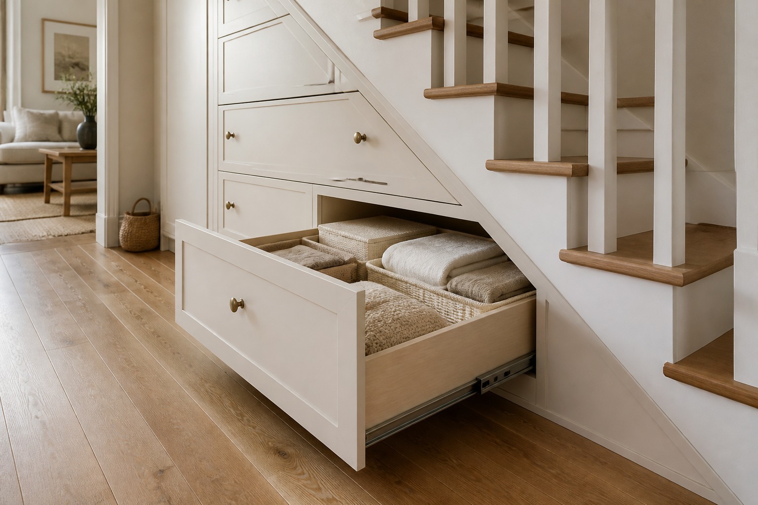 Rangement sous escalier : que faire vraiment de ce trou perdu Grands tiroirs coulissants sous un escalier, un tiroir ouvert